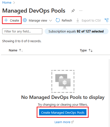 Screenshot of Create Managed DevOps Pools button.