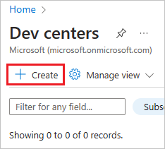 Screenshot of the Dev centers create button.