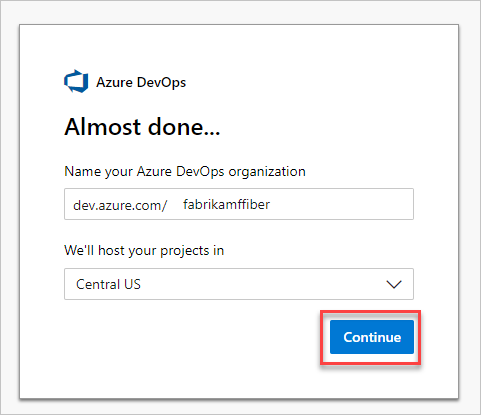 Screenshot shows Creating an organization in Azure DevOps, highlighted Continue button.