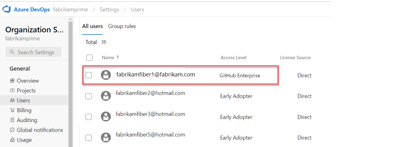 Screenshot shows GitHub Enterprise listed as user's access level in Organization settings, Users page.