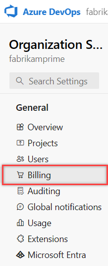 Screenshot showing highlighted Billing selection in Organization settings.