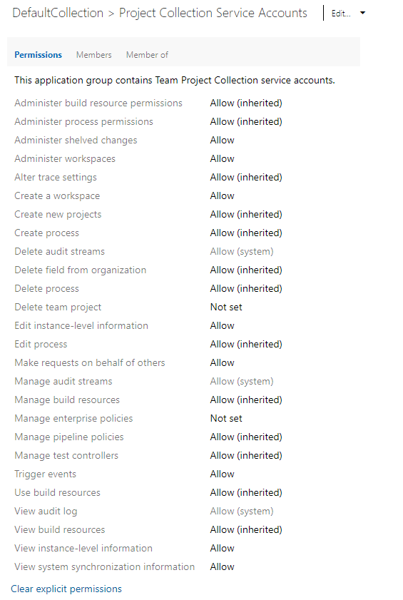 Screenshot of Collection-level permissions dialog, Azure DevOps Services current page and on-premises.