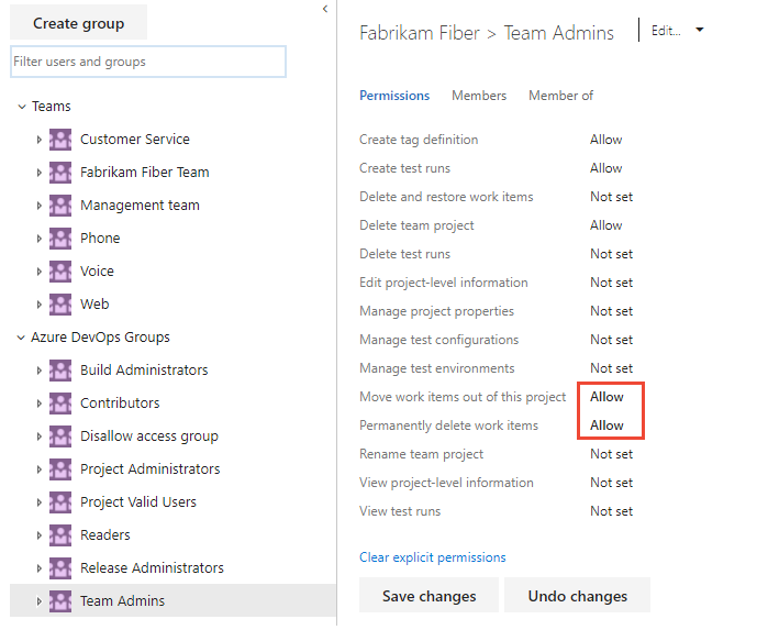 Screenshot of Set project-level permissions for a custom group, Team Admin.