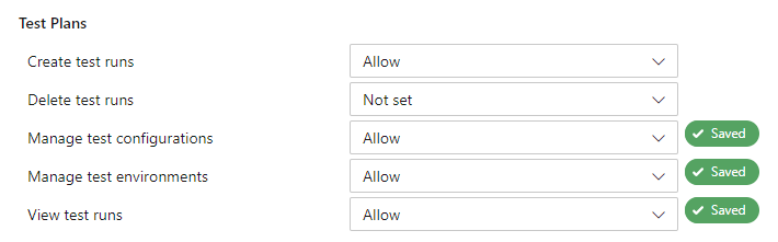 Screenshot of Set project-level test permissions for a custom group, Team Admin.