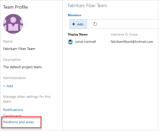 Screenshot shows Team Profile, choose Iterations and area.