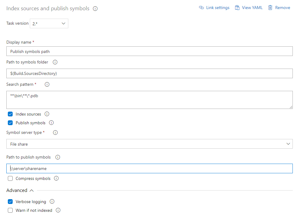 Screenshot showing how to configure the index sources and publish symbols task to publish symbols to a file share.