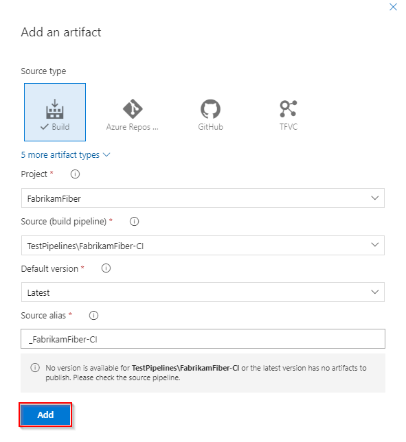 A screenshot that shows how to add an artifact to a Classic release pipeline.