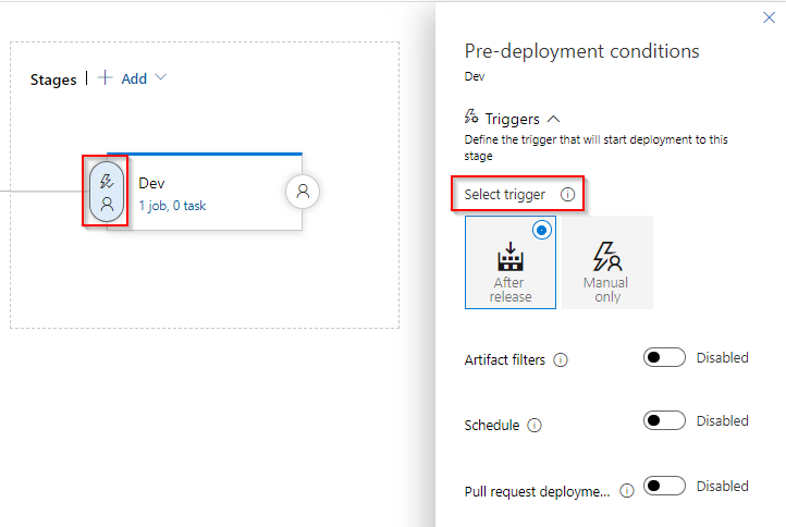 A screenshot that shows how to configure the pre-deployment conditions.