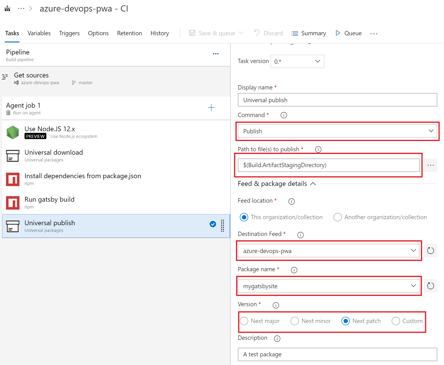 Screenshot of configuring the Universal Package task to publish.