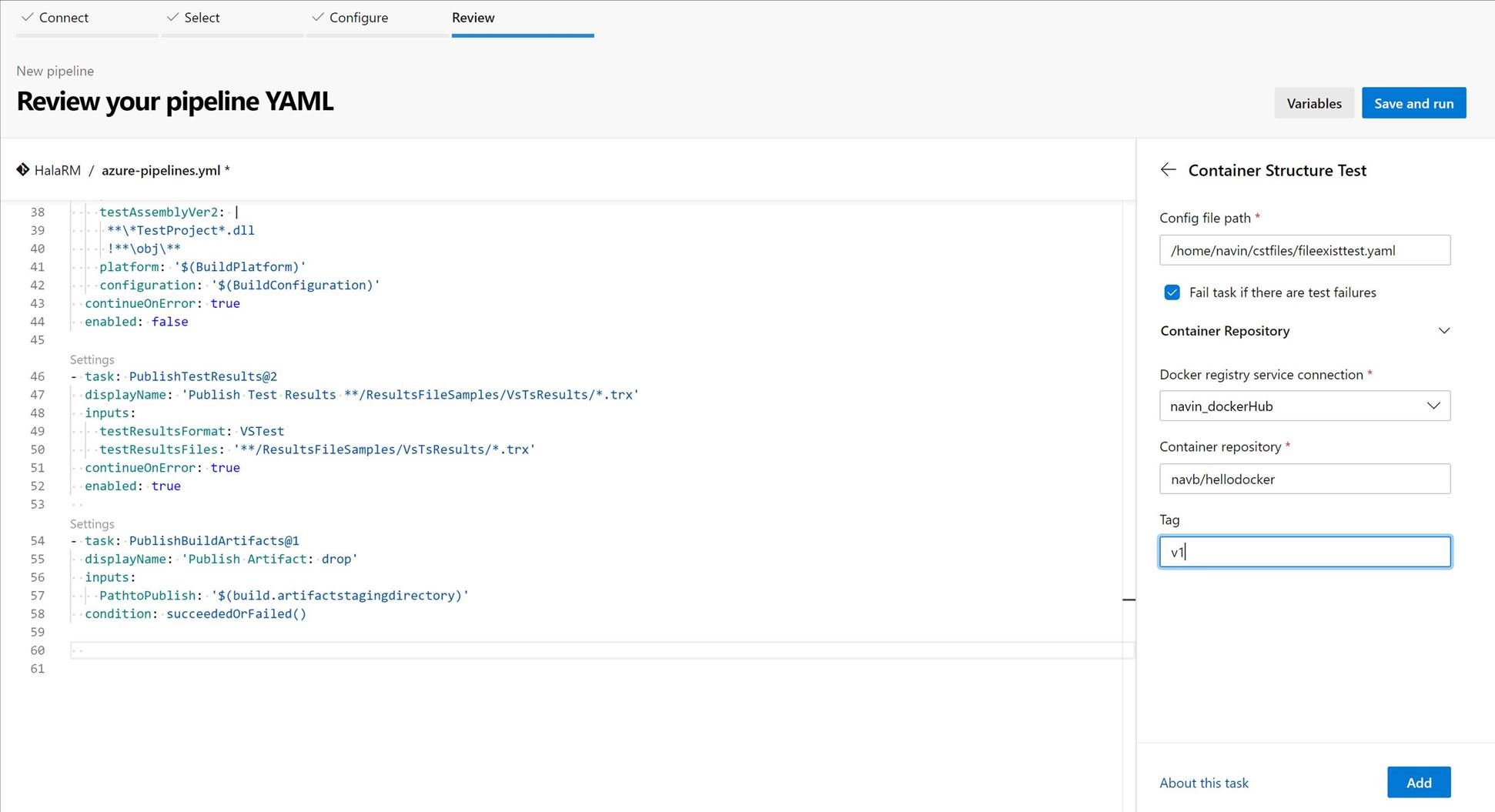 Container Test in YAML based Pipeline