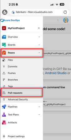 Screenshot showing Azure DevOps hubs accessible via mobile browser.