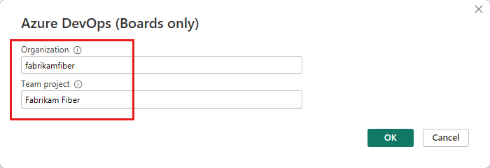 Screenshot that shows specifying the organization and project name.