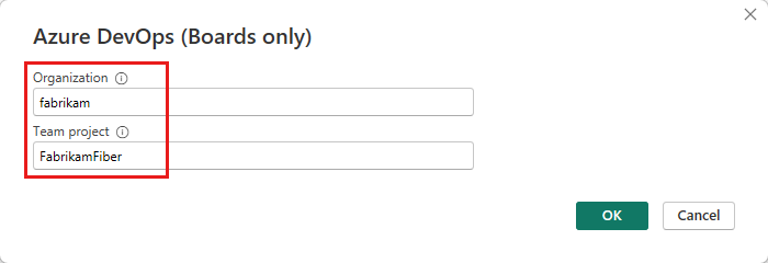 Screenshot shows the Azure DevOps dialog box where you can enter your organization and project.