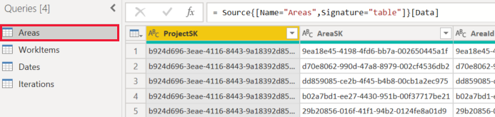 Screenshot of the Power BI OData Feed Queries list.