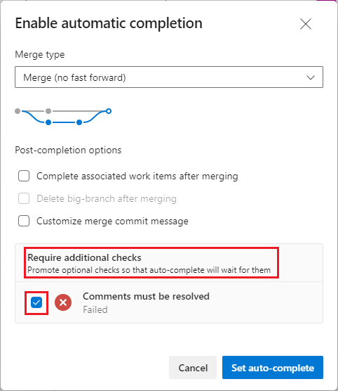 Screenshot that shows changing an optional policy to required in the Enable automatic completion panel.