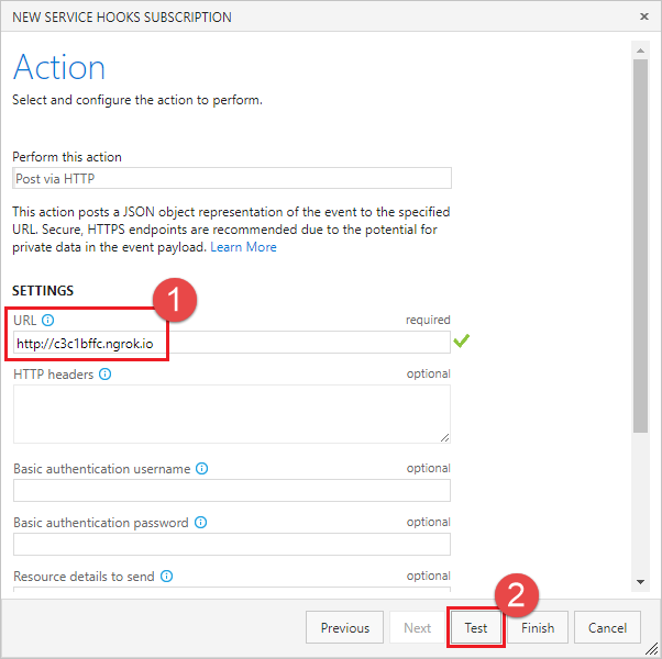 Enter the URL and select Test to test the service hook