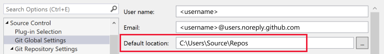 Screenshot showing the default location field in Visual Studio.