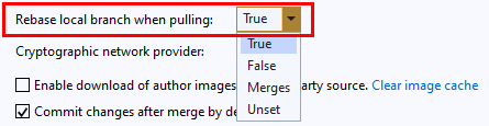 Screenshot of the rebase setting in Global Settings in Team Explorer in Visual Studio 2019.