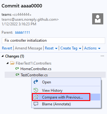 Screenshot of the 'Compare with Previous' option in the Commit pane in Visual Studio.