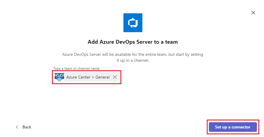 Screenshot that shows selecting Set up a connector for Azure DevOps Server in Teams.