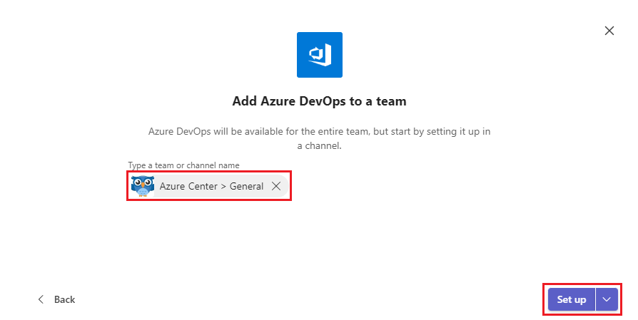 Screenshot that shows selecting Set up for Azure DevOps in Teams.