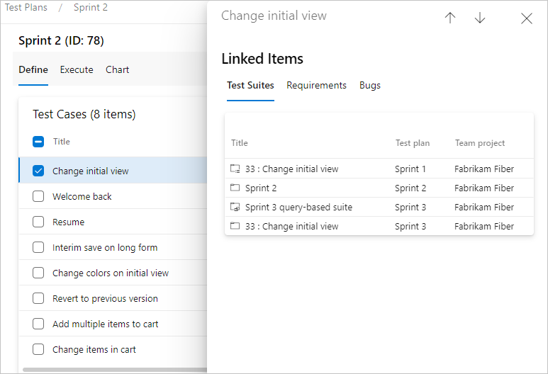 Screenshot shows the Linked Items dialog box with Test Suites selected.