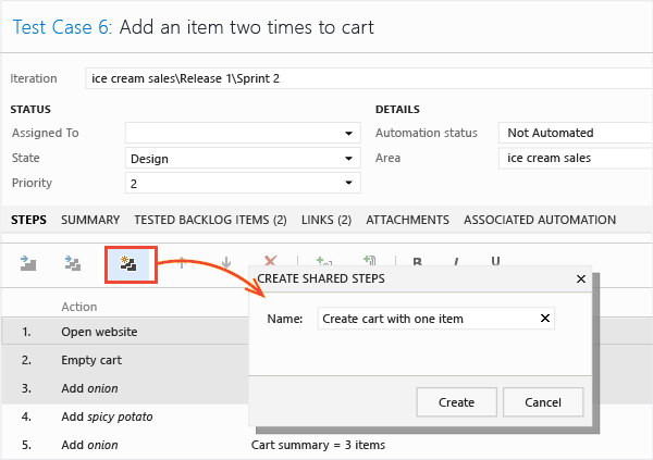 Screenshot shows creating shared steps.