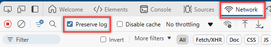 Screenshot shows check next to Preserve log in Network tab in Microsoft Edge.