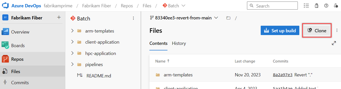 Screenshot shows highlighted clone button in repos files.