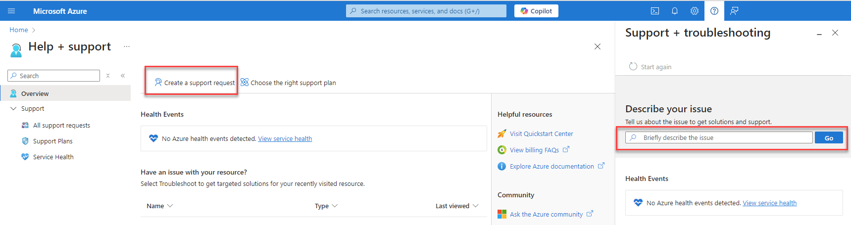 Screenshot shows Help and support page in Azure portal with button selections.