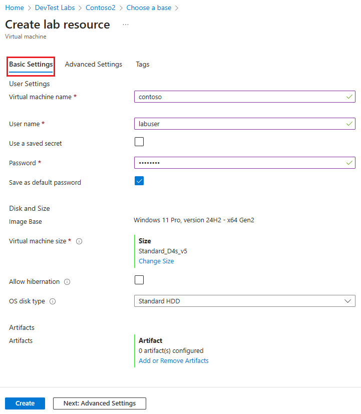 Virtual machine basic settings page.