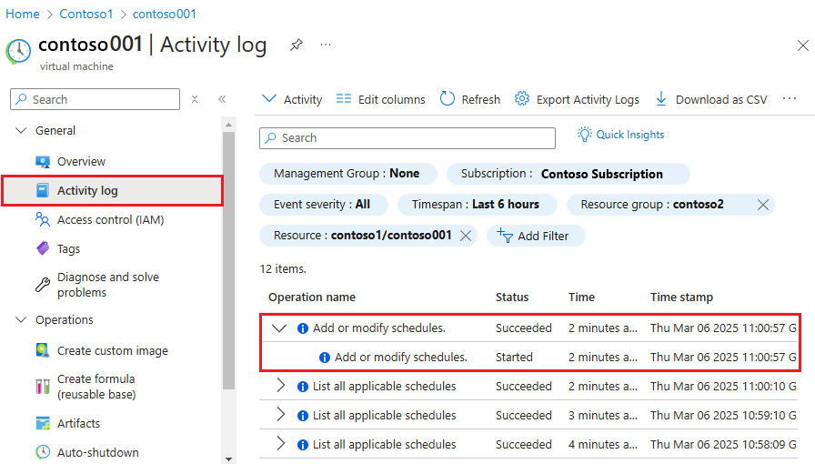 Screenshot showing Add or modify schedules in the Activity log.