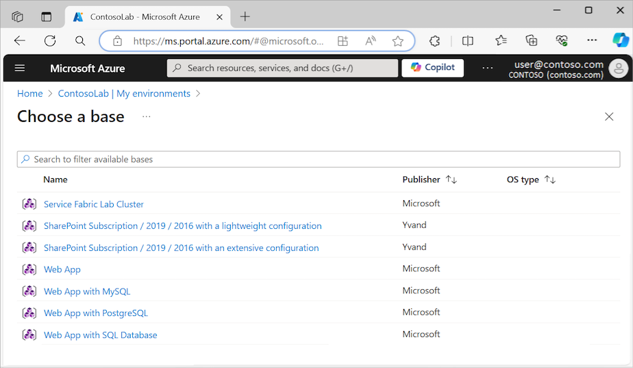 Screenshot that shows the public environment ARM templates available for the DevTest Labs lab resource.