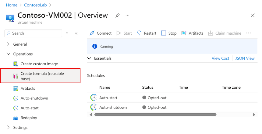 Screenshot that shows how to create a formula from an existing VM in the lab in DevTest Labs.