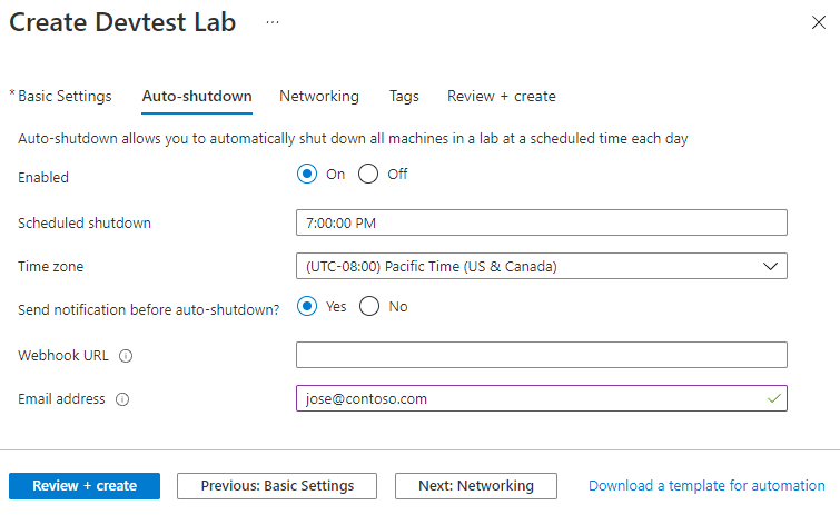 Screenshot of the Auto-shutdown tab in the DevTest Labs creation form.