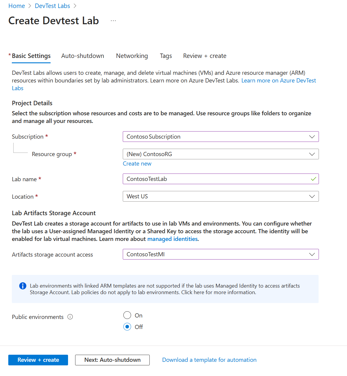 Screenshot of the Basic Settings tab in the DevTest Labs creation form.