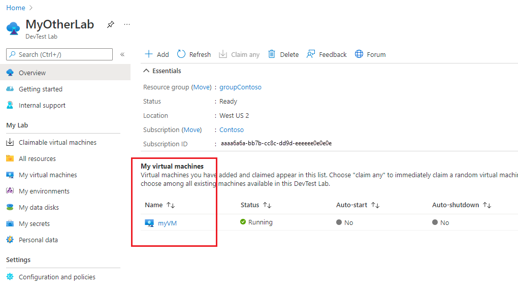 Screenshot showing the claimed V M in the My virtual machines list.