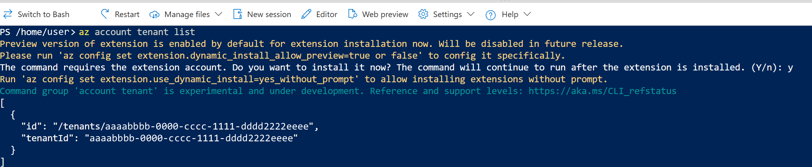 Screenshot of Cloud Shell output of the tenant command. The tenantId value is highlighted.