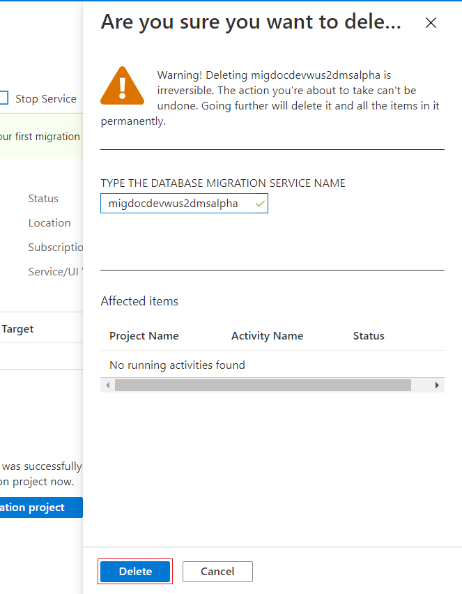 Screenshot of Confirm migration service delete.