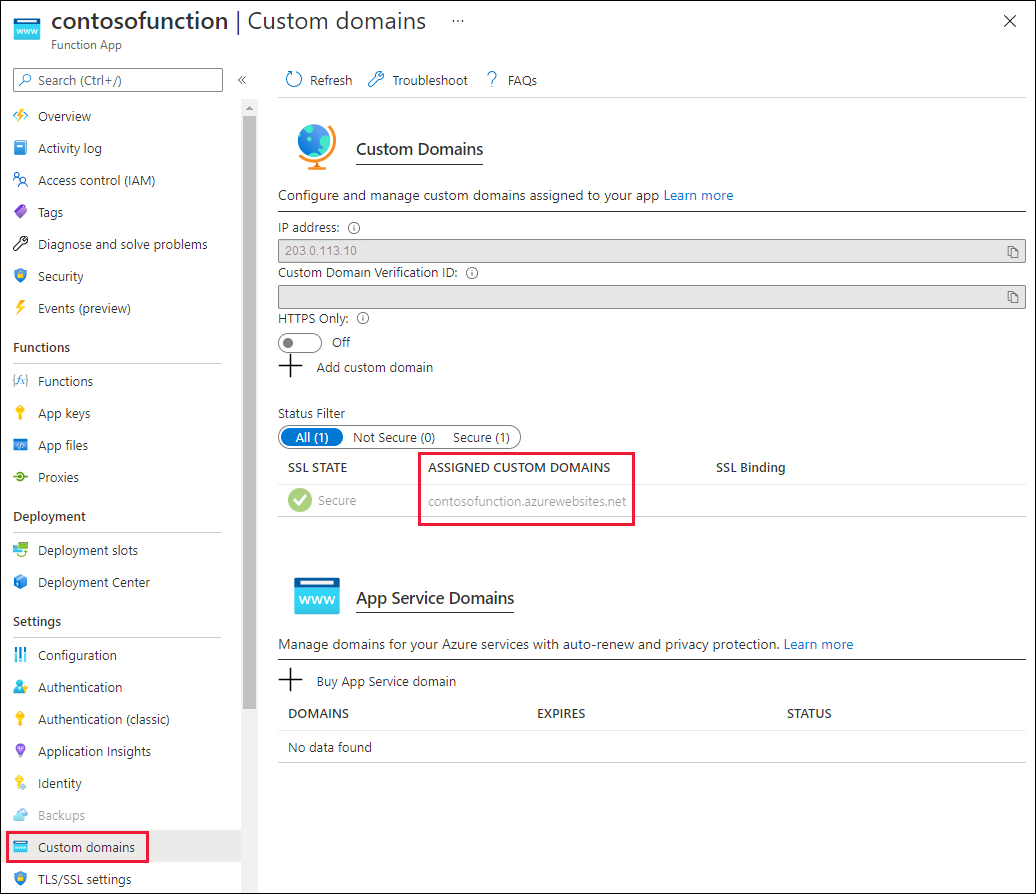 Screenshot of custom domains for function app.