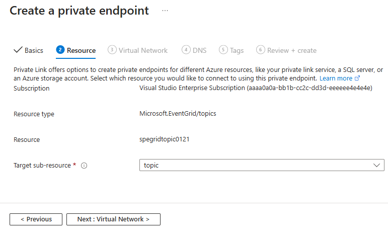 Screenshot showing the Resource page of the Create a private endpoint wizard.