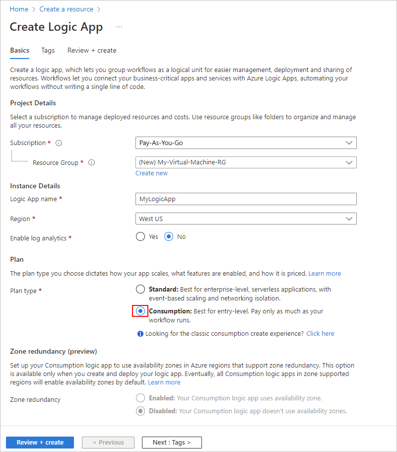 Screenshot of logic apps creation menu, showing details like name, subscription, resource group, and location.