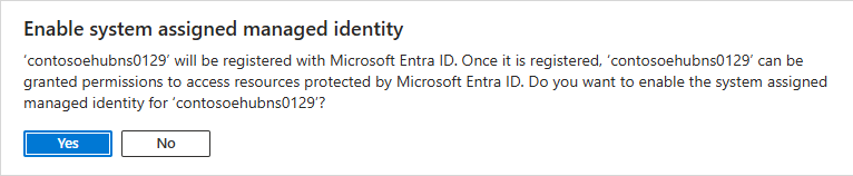 Screenshot that shows the popup window to enable the system-assigned identity.