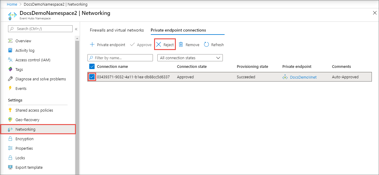 Screenshot that shows the Private endpoint connections tab with the Reject button highlighted.