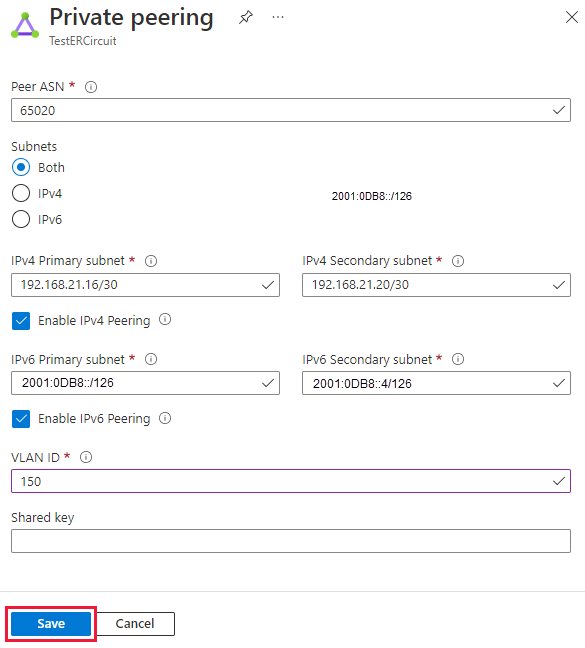 Screenshot showing how to update private peering configuration.