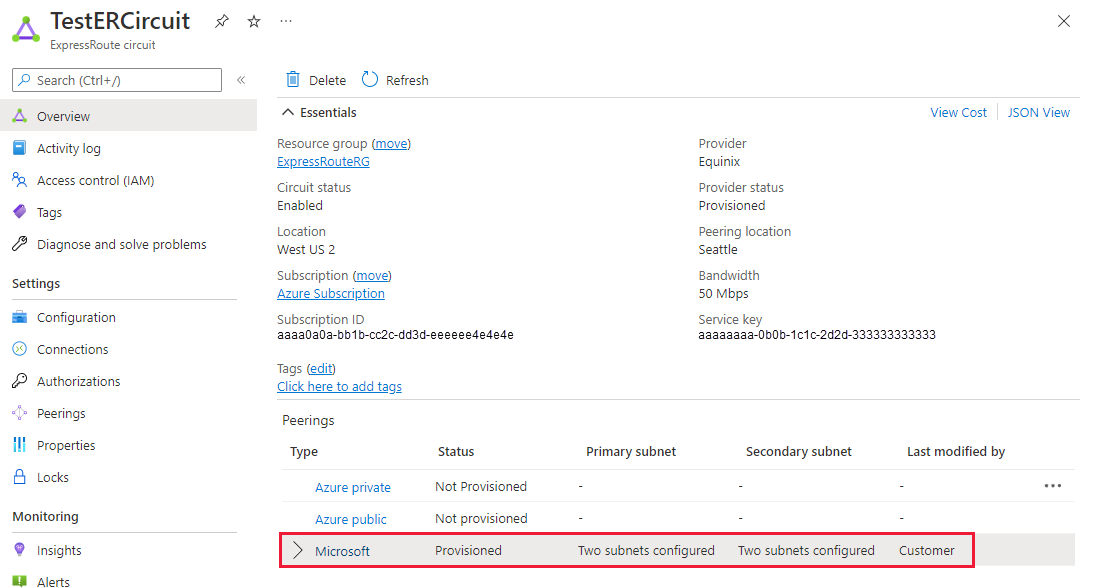 Screenshot showing how to view Microsoft peering properties.