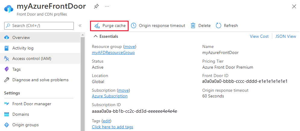 Screenshot of the cache purge button on the overview page.