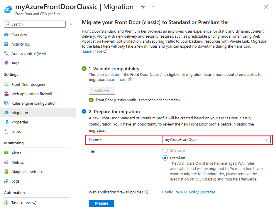 Screenshot of the name field in the prepare phase for the new Azure Front Door profile.