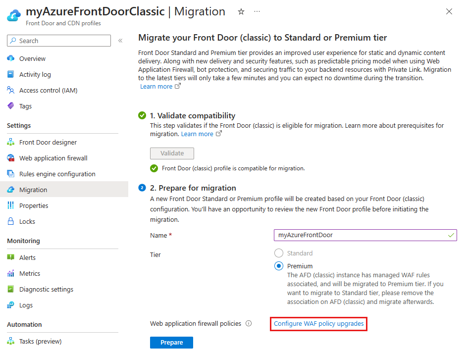 Screenshot of the configured WAF policy link during Azure Front Door migration preparation.