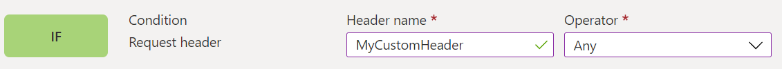 Portal screenshot showing request header match condition.